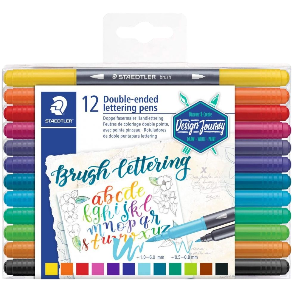 STAEDTLER ROTULADORES BRUSH LETTERING DOBLE PUNTA FINA/PINCEL C/SURTIDOS ESTUCHE 12 UD