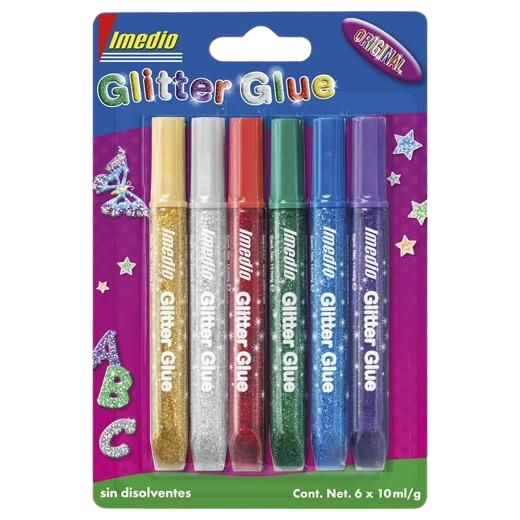 PEGAMENTO IMEDIO GLITTER GLUE ORIGINAL PARA MANUALIDADES - BLISTER DE 6 UD DE 10ML DE COLORES SURTIDOS