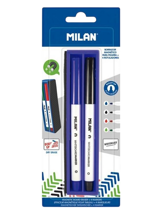 MILAN BORRADOR MAGNÉTICO PARA PIZARRA BLANCA + 4 ROTULADORES BLISTER COLORES