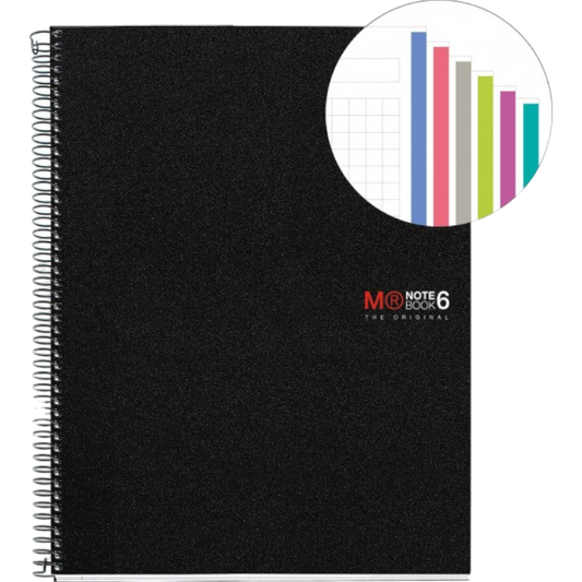 MIQUELRIUS CUADERNO ESPIRAL 150H A4 5X5MM 70GR 4 TALADROS MICROPERFORADO 6 BANDAS COLOR TAPA PP NEGRO